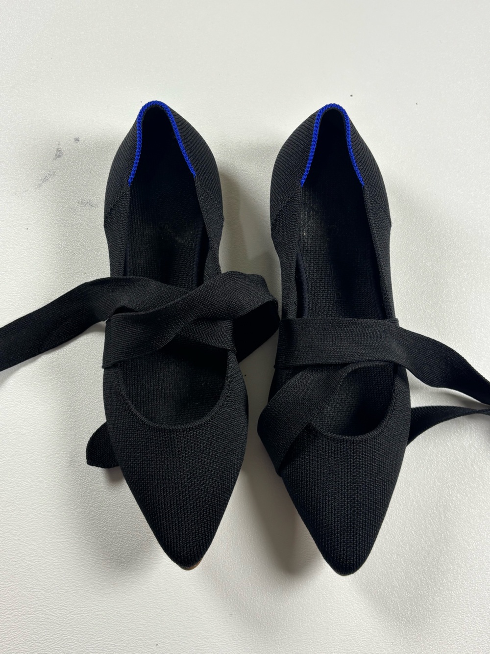 Rothy's Black Pointed Knit Ballet Flats with Blue Trim and Ankle Tie